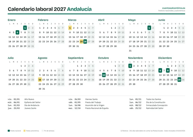 Calendario laboral 2027 de Andalucía para imprimir