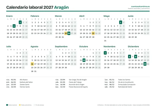 Calendario laboral 2027 de Aragón para imprimir