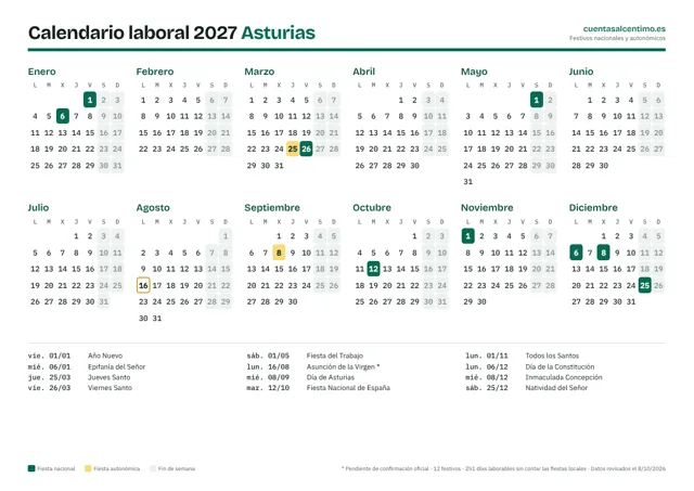 Calendario laboral 2027 de Asturias para imprimir