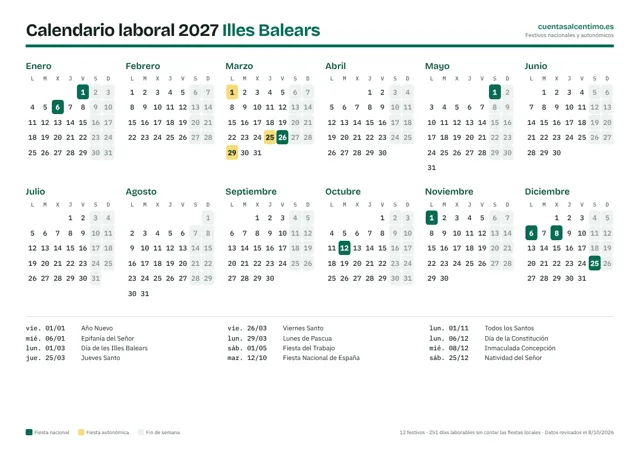 Calendario laboral 2027 de Illes Balears para imprimir