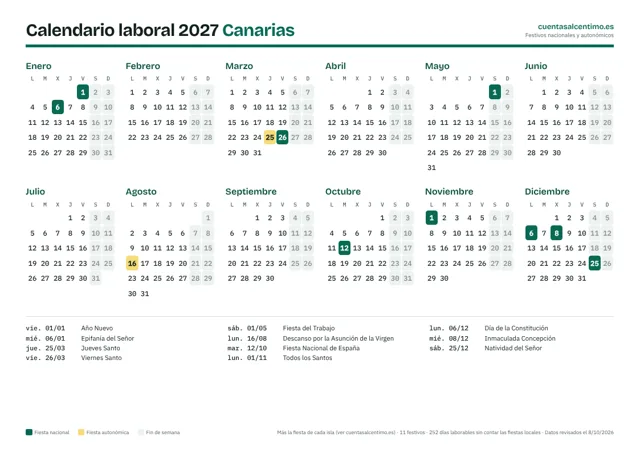 Calendario laboral 2027 de Canarias para imprimir