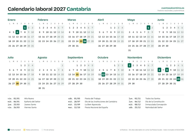 Calendario laboral 2027 de Cantabria para imprimir