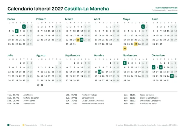 Calendario laboral 2027 de Castilla-La Mancha para imprimir