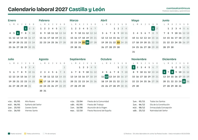 Calendario laboral 2027 de Castilla y León para imprimir