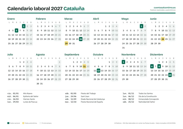 Calendario laboral 2027 de Cataluña para imprimir