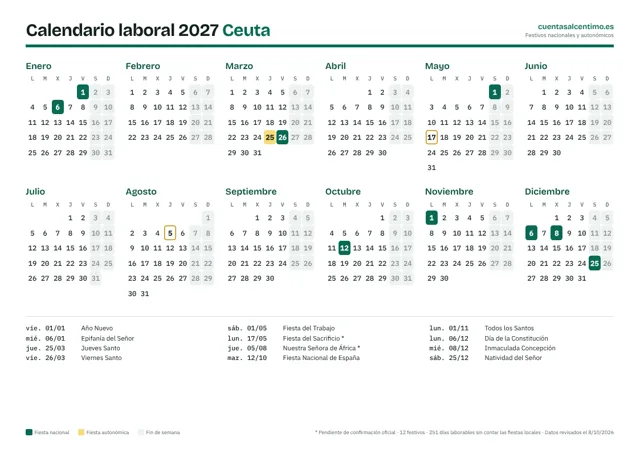 Calendario laboral 2027 de Ceuta para imprimir