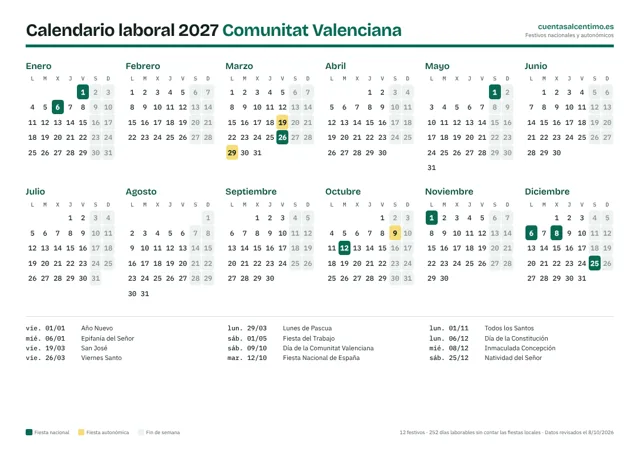 Calendario laboral 2027 de Comunitat Valenciana para imprimir