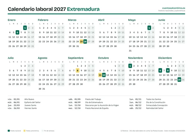 Calendario laboral 2027 de Extremadura para imprimir
