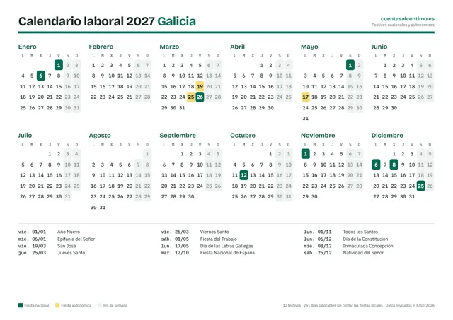 Calendario laboral 2027 de Galicia para imprimir