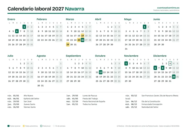 Calendario laboral 2027 de Navarra para imprimir